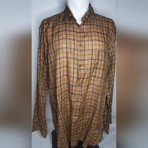 Giorgio Armani Size 44x17 1/2 Men Le Collezioni Linen Plaid Brown and Blue Shirt